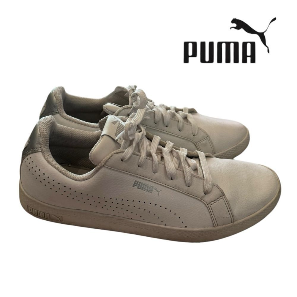 PUMA Women's White Leather Perforated Stripe Tennis Shoes Sneakers 9.5